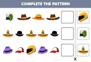 juego educativo para niños completar el patrón de pensamiento lógico encontrar la regularidad y continuar la tarea de la fila con dibujos animados ropa ponible timón sombrero de vaquero sombrero gorra fedora vector