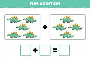 Education game for children fun addition by counting cute cartoon prehistoric dinosaur stegosaurus pictures worksheet vector