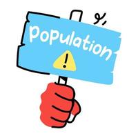 A handheld population placard denoting world population day, doodle sticker vector