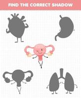 Education game for children find the correct shadow set of cute cartoon human organ uterus vector