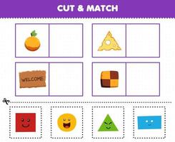 Education game for children cut and match the same picture of cute cartoon shape circle orange triangle cheese rectangle mat square biscuit vector