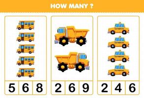 Education game for children counting how many cartoon yellow transportation bus dump truck taxi vector