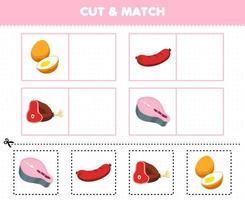 Education game for children cut and match the same picture of cartoon food egg sausage beef salmon printable worksheet