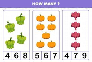 Education game for children counting how many cartoon vegetables paprika pumpkin red spinach vector