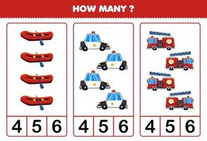 juego educativo para niños contando cuántos dibujos animados transporte de rescate bote inflable coche de policía camión de bomberos vector