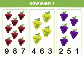 Education game for children counting how many cartoon fruits grapes vector