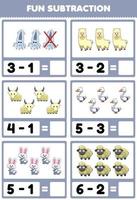 Education game for children fun subtraction by counting and eliminating cute cartoon white animal pictures vector