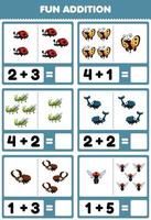 Education game for children fun addition by counting and sum cute cartoon insect animal ladybug butterfly grasshopper beetle fly pictures worksheet vector