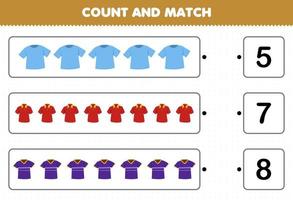 Education game for children count and match count the number of cartoon wearable clothes t shirt and match with the right numbers printable worksheet vector