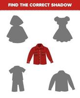 Education game for children find the correct shadow set of cartoon wearable clothes flannel vector