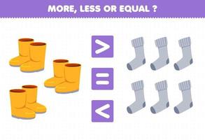 Education game for children more less or equal count the amount of cartoon wearable footwear boot and sock vector