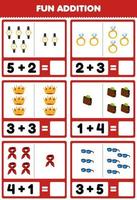 Education game for children fun addition by counting and sum cartoon wearable clothes watch ring crown wallet scarf glasses pictures worksheet vector