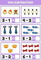 Education game for children fun subtraction by counting and eliminating cartoon wearable jewelry ring watch tie glasses crown ribbon printable worksheet vector