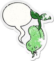 cartoon sprouting bean and speech bubble distressed sticker vector