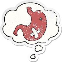 cartoon stomach and thought bubble as a distressed worn sticker vector