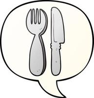 cartoon knife and fork and speech bubble in smooth gradient style vector