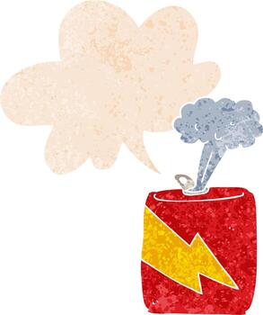 cartoon soda can and speech bubble in retro textured style vector