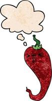 cartoon hot chili pepper and thought bubble in grunge texture pattern style vector