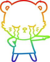rainbow gradient line drawing crying cartoon bear in dress pointing vector