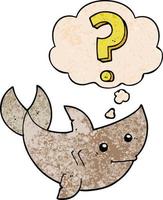 cartoon shark asking question and thought bubble in grunge texture pattern style vector