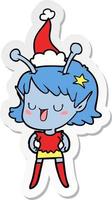 happy alien girl sticker cartoon of a wearing santa hat vector