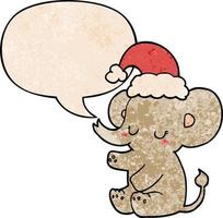 lindo elefante navideño y burbuja de habla en estilo de textura retro vector