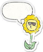 cartoon flower and speech bubble distressed sticker vector