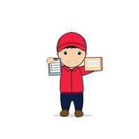 Cute Courier Boy Holding Package and check book Cartoon Vector Icon Illustration