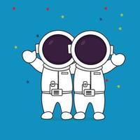 cute astronaut hugging astronaut friend waving hand vector