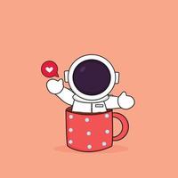 cute astronaut soaking in a warm cup of coffee vector