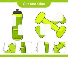 Cut and glue, cut parts of Sport Water Bottle, Dumbbell and glue them. Educational children game, printable worksheet, vector illustration