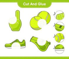 Cut and glue, cut parts of Foam Finger, Whistle, Tennis Ball, Sneaker and glue them. Educational children game, printable worksheet, vector illustration