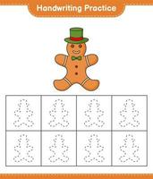 Handwriting practice. Tracing lines of Gingerbread Man. Educational children game, printable worksheet, vector illustration