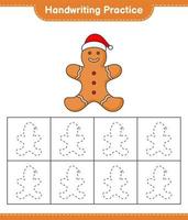 Handwriting practice. Tracing lines of Gingerbread Man. Educational children game, printable worksheet, vector illustration