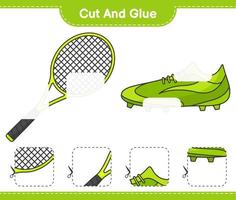 Cut and glue, cut parts of Tennis Racket, Soccer Shoes and glue them. Educational children game, printable worksheet, vector illustration