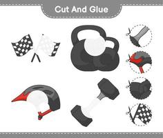 Cut and glue, cut parts of Dumbbell, Racing Flags, Bicycle Helmet and glue them. Educational children game, printable worksheet, vector illustration