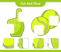 Cut and glue, cut parts of Foam Finger, Tennis Ball and glue them. Educational children game, printable worksheet, vector illustration