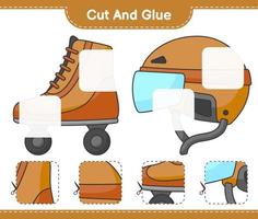 Cut and glue, cut parts of Roller Skate, Hockey Helmet and glue them. Educational children game, printable worksheet, vector illustration