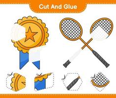 cortar y pegar, cortar partes de trofeos, raquetas de bádminton y pegarlas. juego educativo para niños, hoja de cálculo imprimible, ilustración vectorial