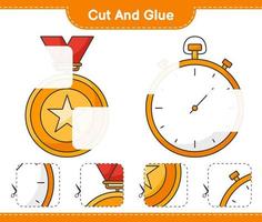 Cut and glue, cut parts of Trophy, Stopwatch and glue them. Educational children game, printable worksheet, vector illustration