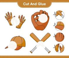 corte y pegue, corte partes de guantes de béisbol, guantes de golf, gorro, bate de béisbol y péguelos. juego educativo para niños, hoja de cálculo imprimible, ilustración vectorial vector