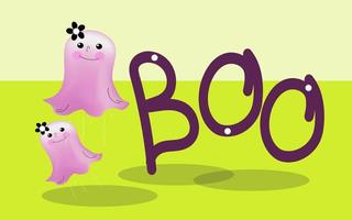 Kids Halloween banner. Pink kawaii cute funny happy ghost, Isolated flat cartoon vector illustration.