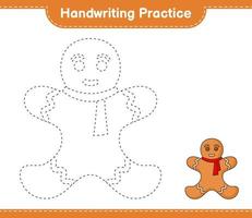 Handwriting practice. Tracing lines of Gingerbread Man. Educational children game, printable worksheet, vector illustration