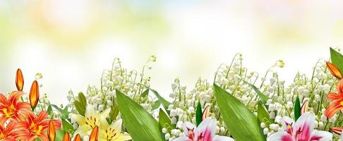 Beautiful flowers lily and lily of the valley. floral background. photo