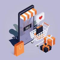 concepto de diseño de compras en línea isométrica con carrito de compras y bolsas vector