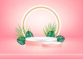 Empty pastel pink color studio table room background abstract, and light illuminated by lanterns neon lights with podium green leaf, stage pedestal modern. Product display show. 3D Vector. vector