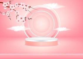 Abstract pink studio background podium scene with leaf geometric platform, Mirror reflecting the sky clouds and sakura for cosmetic product. 3D Vector illustration. Art minimal style concept.