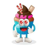 Cupcake mascot with big smile expression and love eyes, cupcake mascot illustration vector