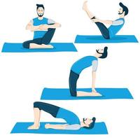 A set of male figure yoga postures 4 Yoga poses in a flat design. vector