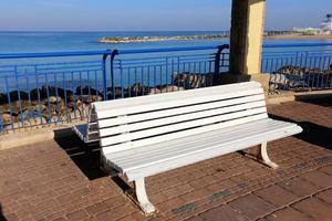 Bench in a city park on the Mediterranean coast photo